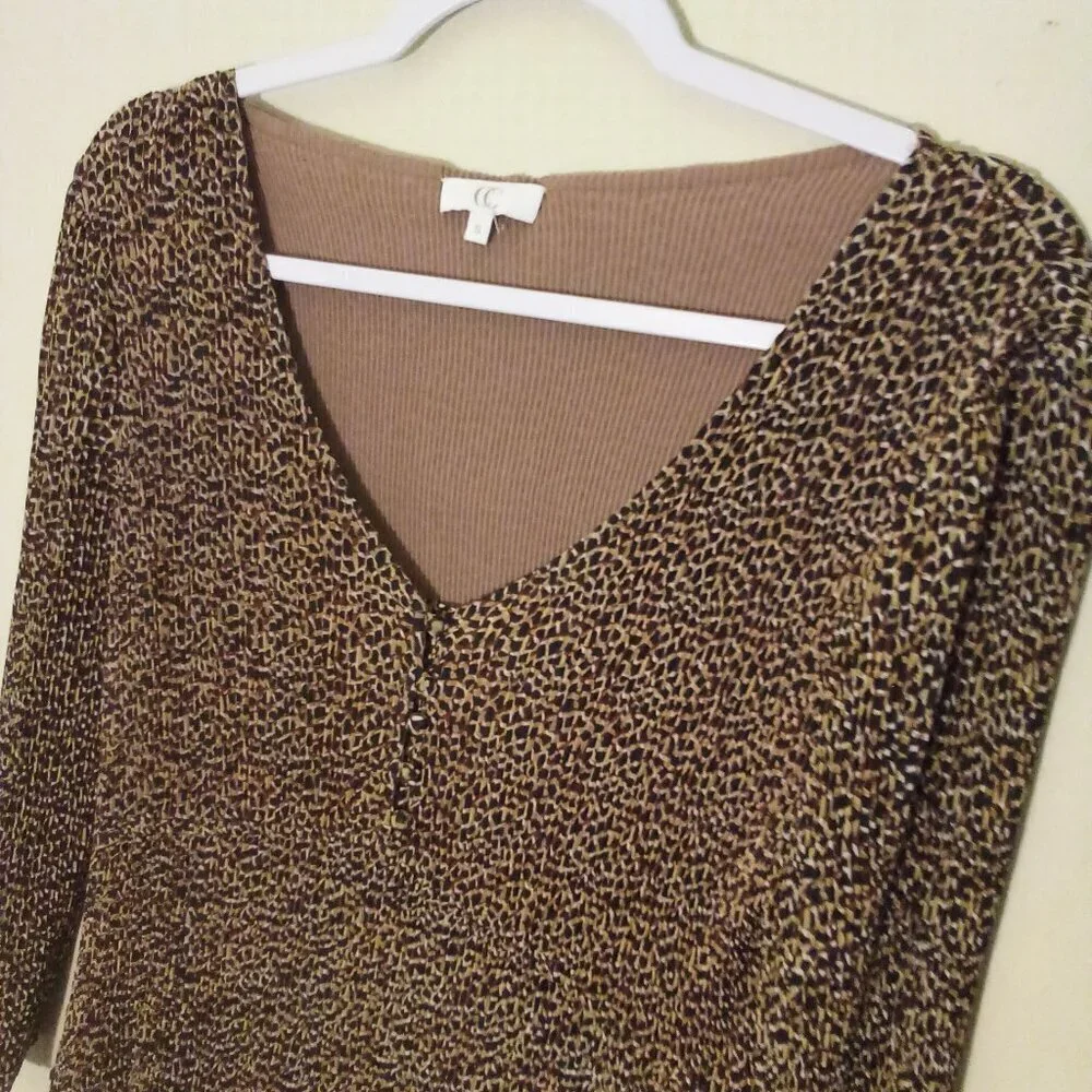 CC Blouse S 3/4 Sleeve Soft Stretch Ribbed Asymmetrical Animal Print Brown Black